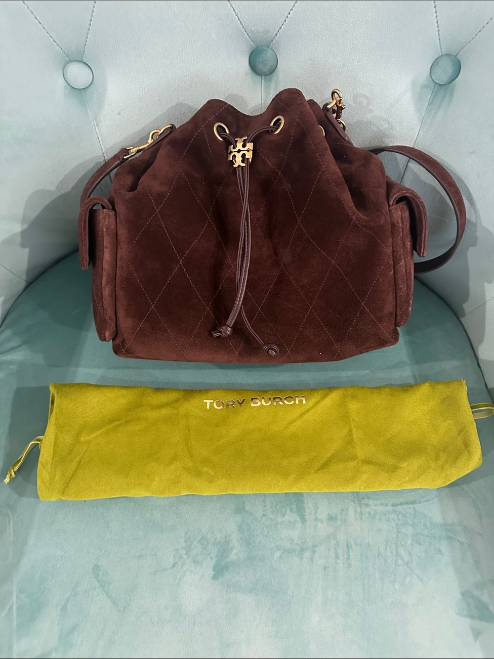 Tory Burch Charlie Chocolate Brown Suede Drawstring Bucket Bag